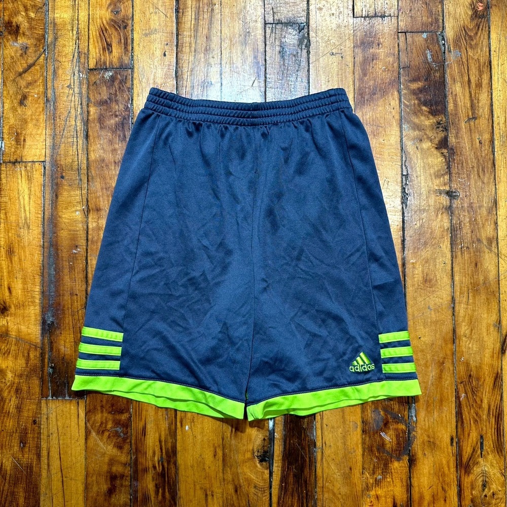 adidas Athletic Shorts Boys Size 7 Navy Green Striped Elastic Waist Performance